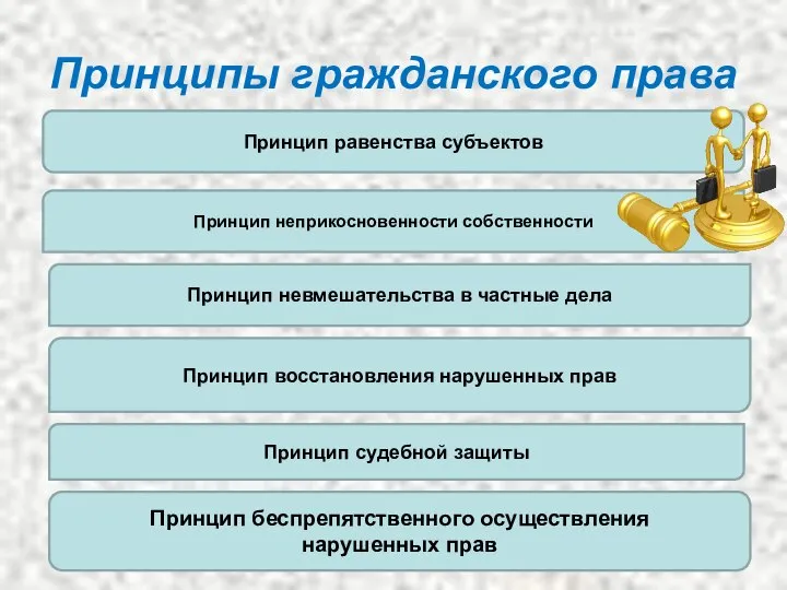 Принципы гражданского права Принцип равенства субъектов Принцип неприкосновенности собственности Принцип невмешательства в