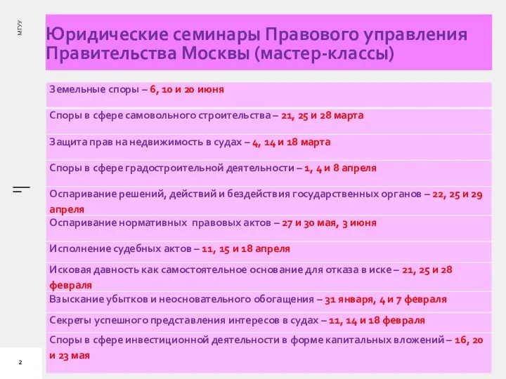 Юридические семинары Правового управления Правительства Москвы (мастер-классы)