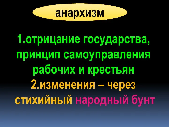 анархизм 1.отрицание государства, принцип самоуправления рабочих и крестьян 2.изменения – через стихийный народный бунт