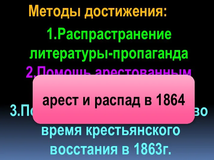 Методы достижения: 1.Распрастранение литературы-пропаганда 2.Помощь арестованным и ссыльным 3.Подготовка выступления во время