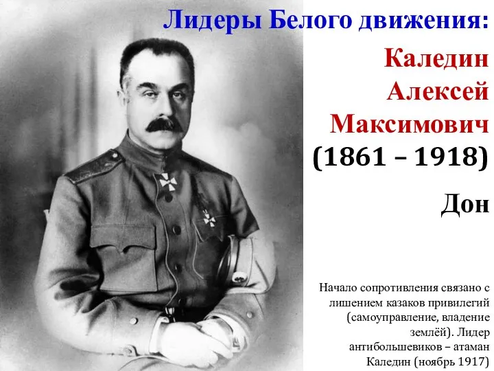 Каледин Алексей Максимович (1861 – 1918) Дон Лидеры Белого движения: Начало сопротивления