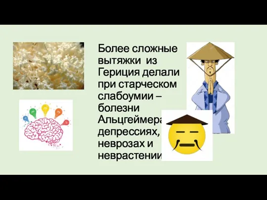 Более сложные вытяжки из Гериция делали при старческом слабоумии – болезни Альцгеймера, депрессиях, неврозах и неврастении.