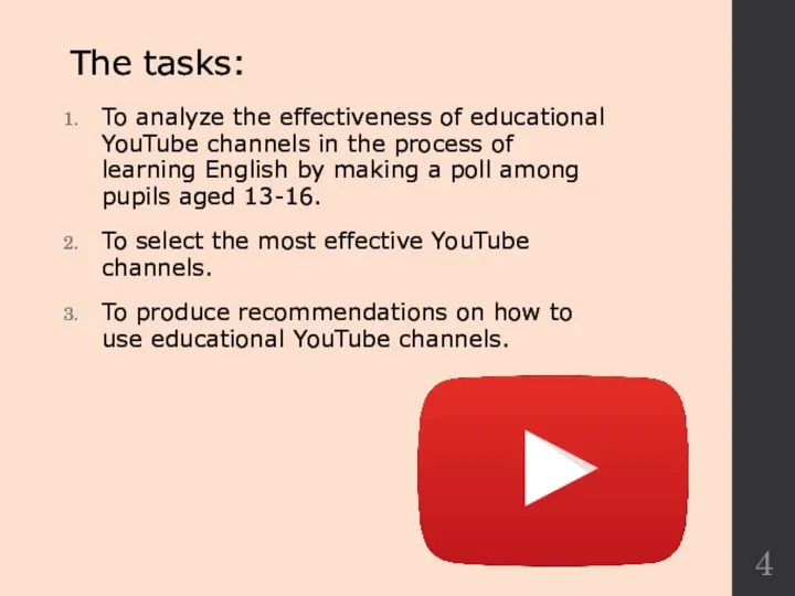 The tasks: To analyze the effectiveness of educational YouTube channels in the