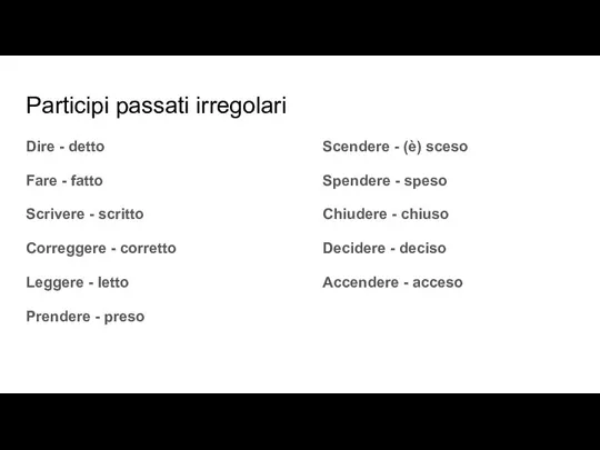 Participi passati irregolari Dire - detto Fare - fatto Scrivere - scritto