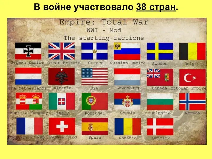 В войне участвовало 38 стран.