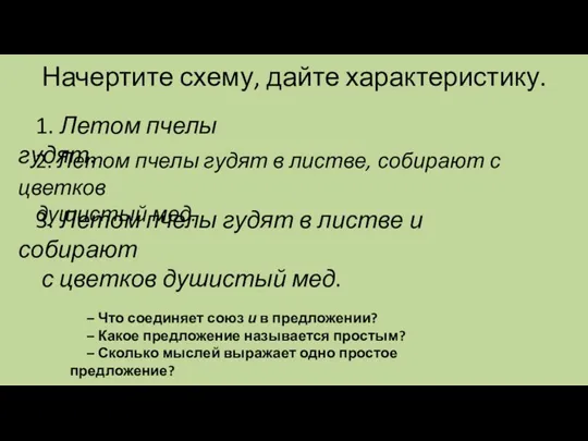 Начертите схему, дайте характеристику. 1. Летом пчелы гудят. 2. Летом пчелы гудят