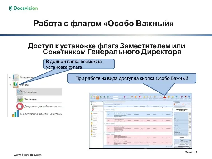 Работа с флагом «Особо Важный» Доступ к установке флага Заместителем или Советником