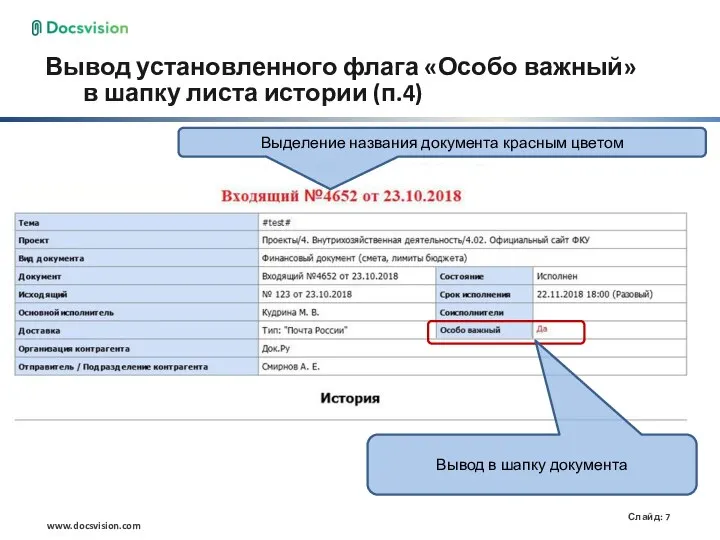 Вывод установленного флага «Особо важный» в шапку листа истории (п.4) Вывод в