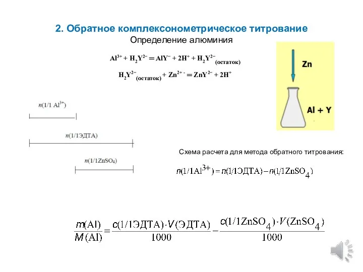 2. Обратное комплексонометрическое титрование Определение алюминия Al3+ + H2Y2− ═ AlY− +