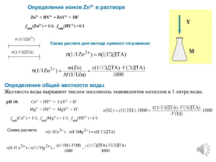 Zn2+ + HY3– = ZnY2– + 3H+ fэкв(Zn2+) = 1/1; fэкв(HY3–) =1/1