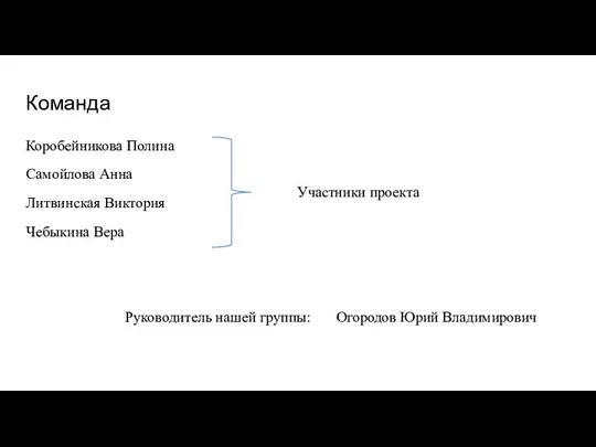 Команда Коробейникова Полина Самойлова Анна Литвинская Виктория Чебыкина Вера Участники проекта Огородов