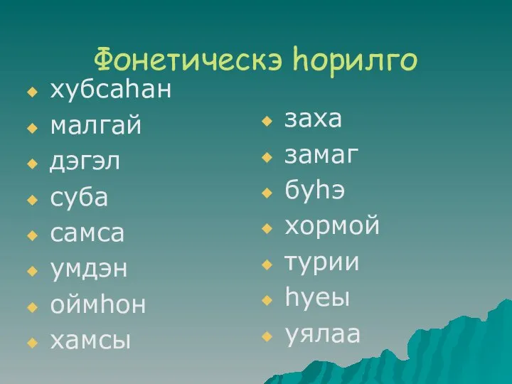 Фонетическэ hорилго хубсаhан малгай дэгэл суба самса yмдэн оймhон хамсы заха замаг