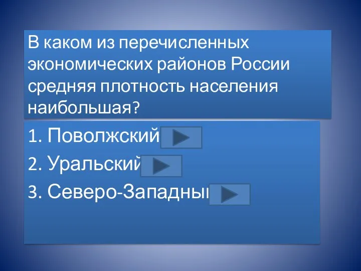 В каком из перечисленных экономических районов России средняя плотность населения наибольшая? 1.