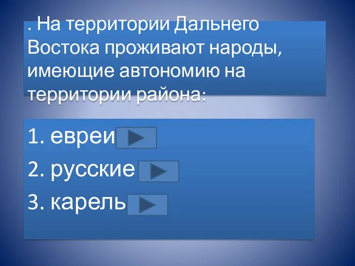 . На территории Дальнего Востока проживают народы, имеющие автономию на территории района: