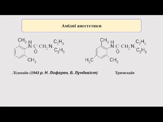Амідні анестетики Лідокаїн (1943 р. Н. Лофгрен, Б. Лундквіст) Тримекаїн