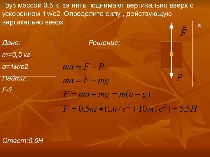 Груз массой 0,5 кг за нить поднимают вертикально вверх с ускорением 1м/c2.