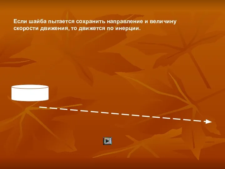 Если шайба пытается сохранить направление и величину скорости движения, то движется по инерции.