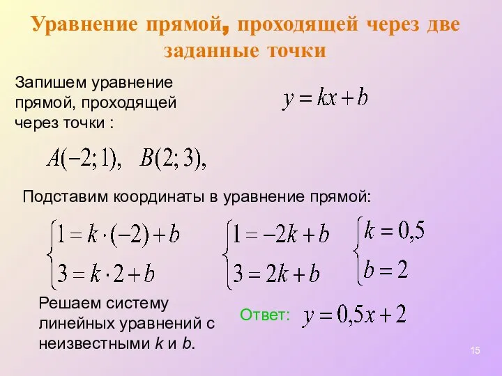 Уравнение прямой, проходящей через две заданные точки Подставим координаты в уравнение прямой: