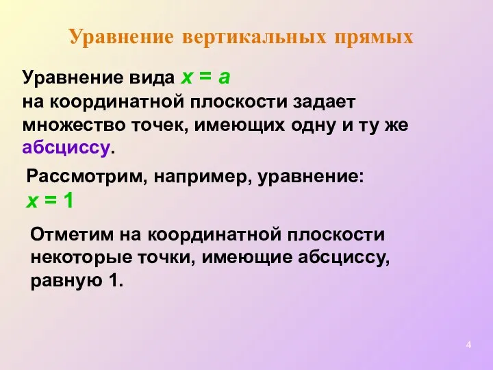 Уравнение вертикальных прямых Уравнение вида x = a на координатной плоскости задает