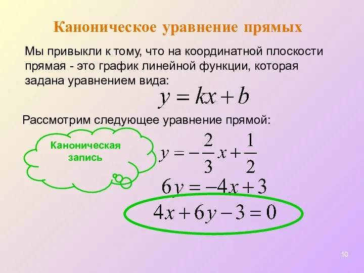 Каноническое уравнение прямых Мы привыкли к тому, что на координатной плоскости прямая