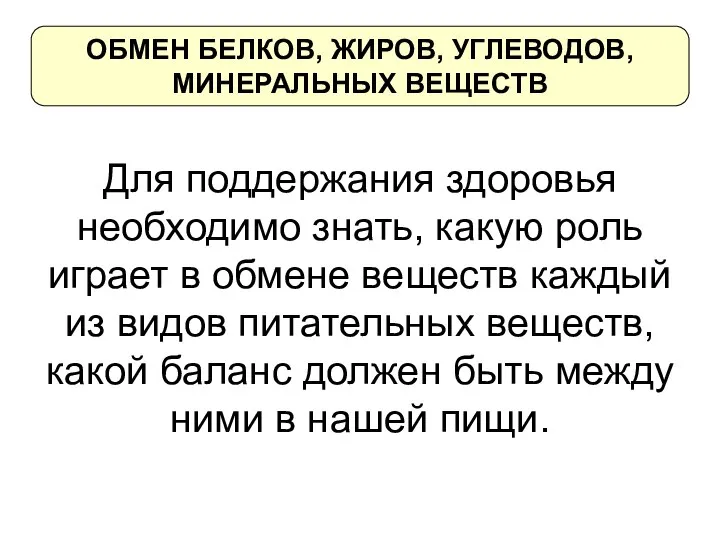 ОБМЕН БЕЛКОВ, ЖИРОВ, УГЛЕВОДОВ, МИНЕРАЛЬНЫХ ВЕЩЕСТВ Для поддержания здоровья необходимо знать, какую