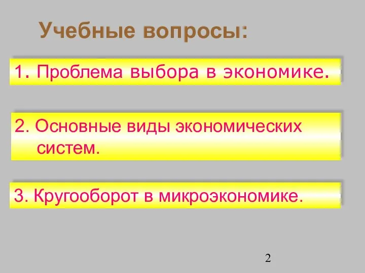 Учебные вопросы: 2. Основные виды экономических систем. 1. Проблема выбора в экономике. 3. Кругооборот в микроэкономике.