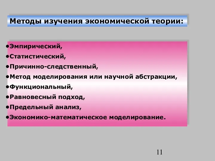 Методы изучения экономической теории: Эмпирический, Статистический, Причинно-следственный, Метод моделирования или научной абстракции,