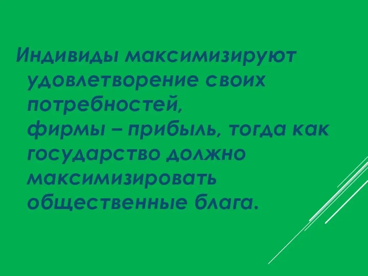 Индивиды максимизируют удовлетворение своих потребностей, фирмы – прибыль, тогда как государство должно максимизировать общественные блага.