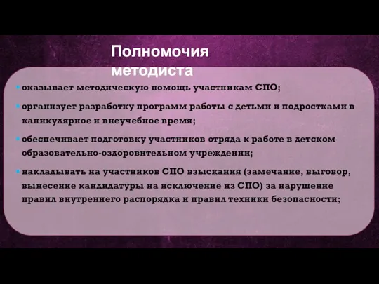 оказывает методическую помощь участникам СПО; организует разработку программ работы с детьми и