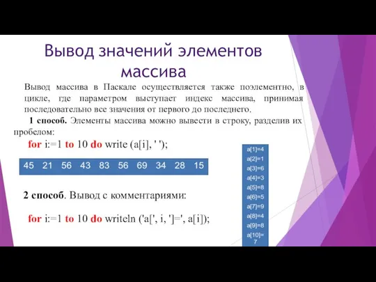 Вывод значений элементов массива Вывод массива в Паскале осуществляется также поэлементно, в