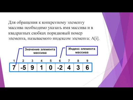 Для обращения к конкретному элементу массива необходимо указать имя массива и в