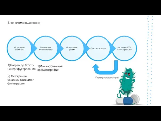 Блок-схема выделения 1)Нагрев до 80⁰С > центрифугирование 2) Осаждение оксидом кальция > фильтрация 1)Ионнообменная хроматография Перекристаллизация