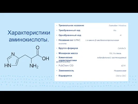 Характеристики аминокислоты. Тривиальное название Гистидин / Histidine Трехбуквенный код His Однобуквенный код