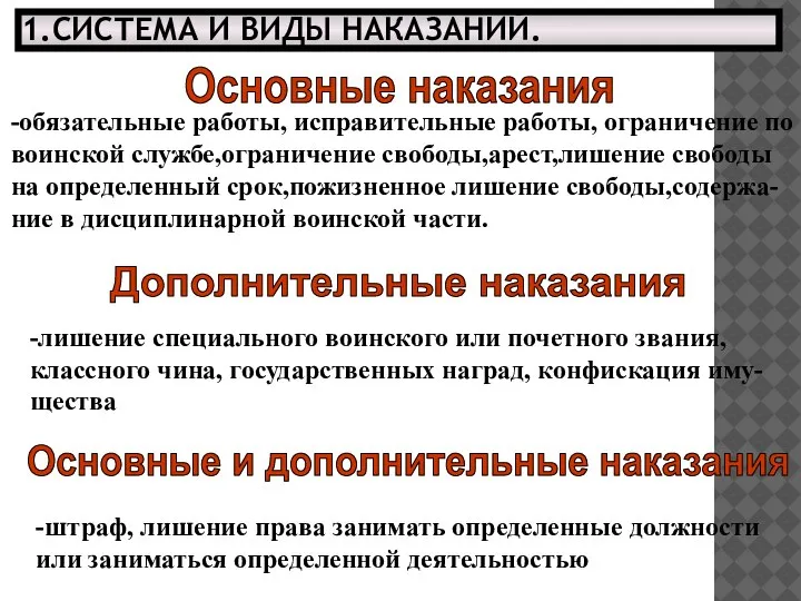 1.СИСТЕМА И ВИДЫ НАКАЗАНИЙ. Дополнительные наказания -лишение специального воинского или почетного звания,