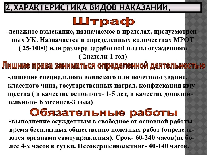 2.ХАРАКТЕРИСТИКА ВИДОВ НАКАЗАНИЙ. Лишние права заниматься определенной деятельностью -лишение специального воинского или