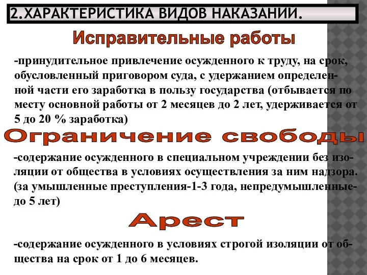 2.ХАРАКТЕРИСТИКА ВИДОВ НАКАЗАНИЙ. Ограничение свободы -содержание осужденного в специальном учреждении без изо-