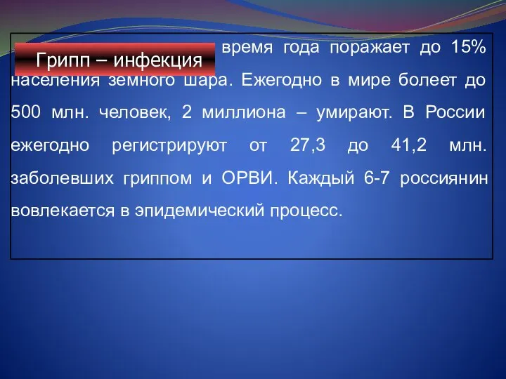 в холодное время года поражает до 15% населения земного шара. Ежегодно в