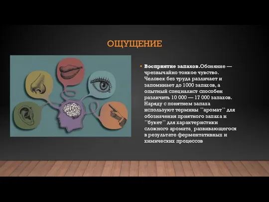 ОЩУЩЕНИЕ Восприятие запахов.Обоняние — чрезвычайно тонкое чувство. Человек без труда различает и