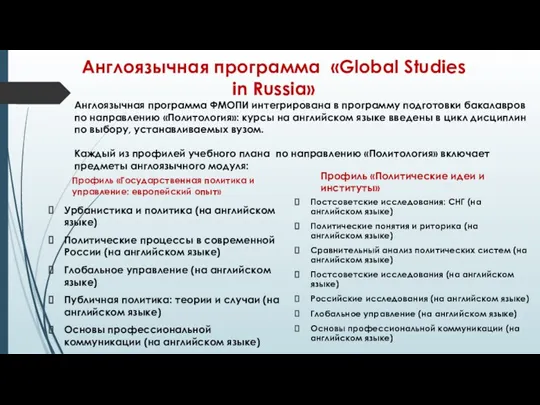 Англоязычная программа «Global Studies in Russia» Профиль «Политические идеи и институты» Урбанистика