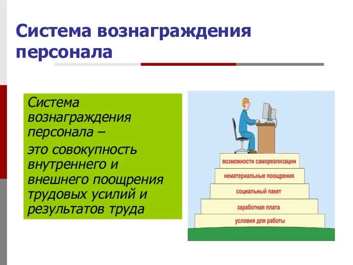 Система вознаграждения персонала Система вознаграждения персонала – это совокупность внутреннего и внешнего