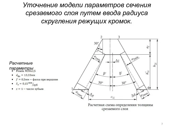 Уточнение модели параметров сечения срезаемого слоя путем ввода радиуса скругления режущих кромок. Расчетные параметры