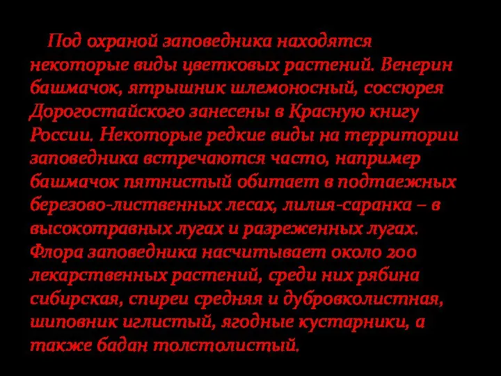 Под охраной заповедника находятся некоторые виды цветковых растений. Венерин башмачок, ятрышник шлемоносный,