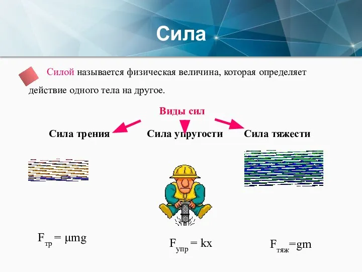 Сила Силой называется физическая величина, которая определяет действие одного тела на другое.