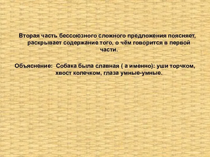 Вторая часть бессоюзного сложного предложения поясняет, раскрывает содержание того, о чём говорится