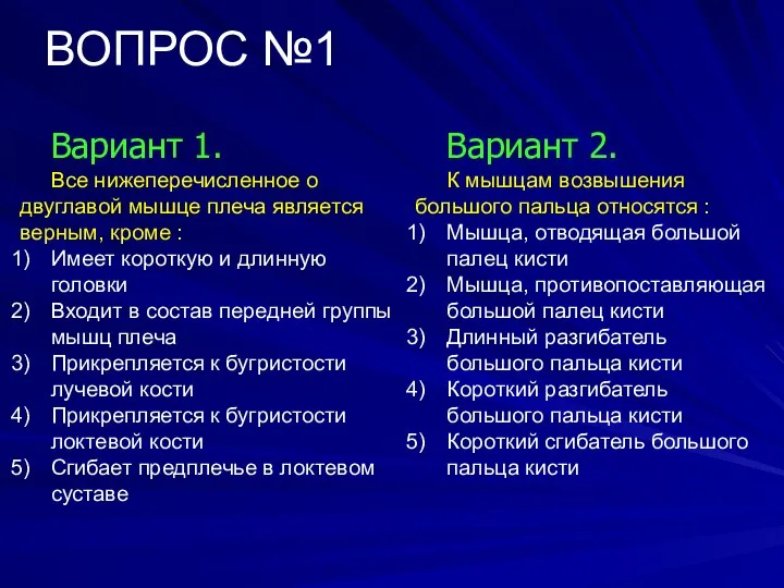 ВОПРОС №1 Вариант 1. Все нижеперечисленное о двуглавой мышце плеча является верным,