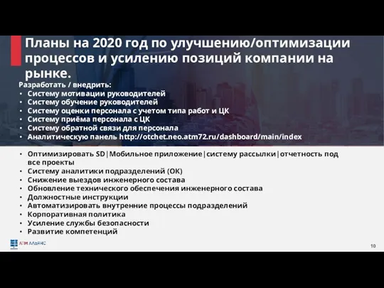 Планы на 2020 год по улучшению/оптимизации процессов и усилению позиций компании на