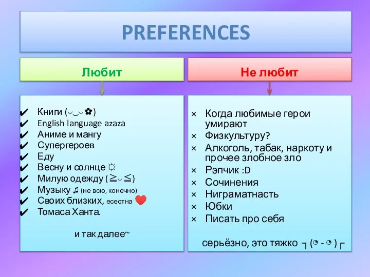 PREFERENCES Любит Книги (◡‿◡✿) English language azaza Аниме и мангу Супергероев Еду