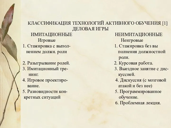 КЛАССИФИКАЦИЯ ТЕХНОЛОГИЙ АКТИВНОГО ОБУЧЕНИЯ [1] ДЕЛОВАЯ ИГРЫ ИМИТАЦИОННЫЕ НЕИМИТАЦИОННЫЕ Игровые Неигровые 1.