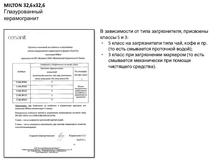 MILTON 32,6x32,6 Глазурованный керамогранит Испытания на пятностойкость В зависимости от типа загрязнителя,