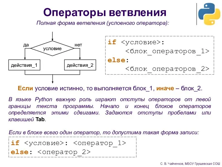 Операторы ветвления Полная форма ветвления (условного оператора): Если условие истинно, то выполняется